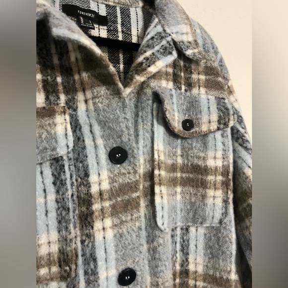 Forever 21 Plaid Blue Longline Flannel Jacket Size Large - Picture 3 of 7